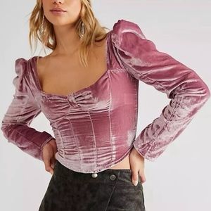 Free People • NWOT Mauve Bridgette Velvet Puff Sleeve Corset Style Top Size Med